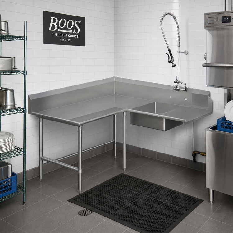 Product image #2 for John Boos Pro-Bowl L-Shaped Soiled Corner Dishtable with 20 x 20 x 8 Pre-Rinse Sink Bowl, 60 x 96 Inch, Left-to-Right