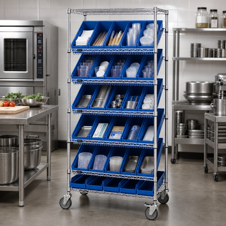Product image #2 for Quantum Mobile Wire Shelving Bin Storage Unit with 18 Bins, 36 x 18 x 74 Inches, Chrome Plated Finish