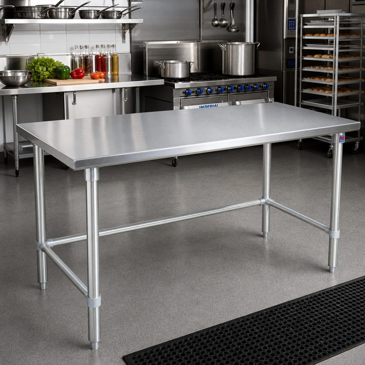 Product image #2 for John Boos Stallion 120-Inch x 24-Inch 16-Gauge 300-Series Stainless Steel Flat Top Work Table with Safety Edge, Galvanized Base