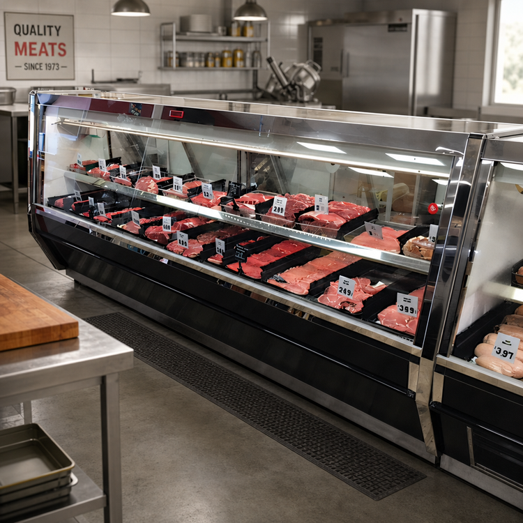Product image #2 for Howard-McCray 40E Series 124-1/2-Inch Self-Contained Endless Red Meat Service Case with LED Lighting, Black Exterior, White Interior