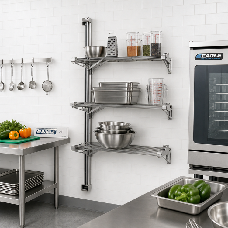 Product image #2 for Eagle Adjustable Post Wire Wall Mount 3-Shelf Mid Unit for 14-Inch Shelves, Stainless Steel, 54-Inch Post