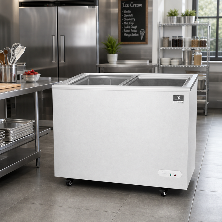 Product image #2 for Kelvinator Commercial 38-Inch Freestanding Ice Cream Novelty Display Freezer, 7 Cu. Ft., Sliding Tempered Glass Lids