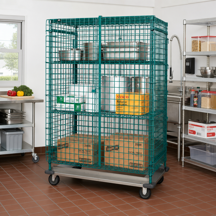 Product image #2 for Quantum MD2436-70SECP 36 x 24 x 70 Inch Mobile Wire Security Cage with Dolly Base, Green Epoxy Antimicrobial Finish