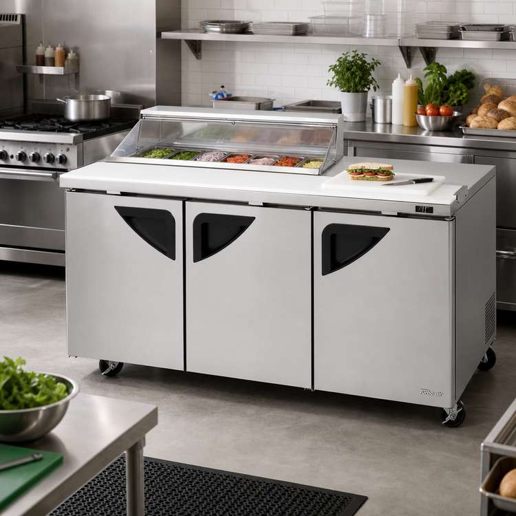 Product image #2 for Turbo Air Super Deluxe 72-5/8-Inch Three-Section Sandwich/Salad Prep Table with Clear Lid, 12-Pan Opening, Right-Side Workstation