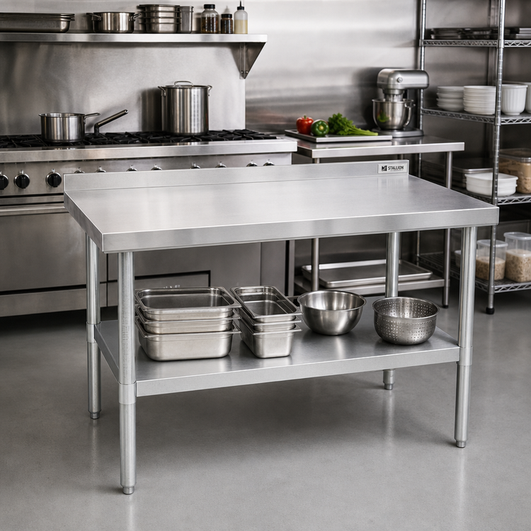 Product image #2 for Stallion 48-Inch x 30-Inch Stainless Steel Budget Work Table with 1-1/2-Inch Backsplash and Undershelf