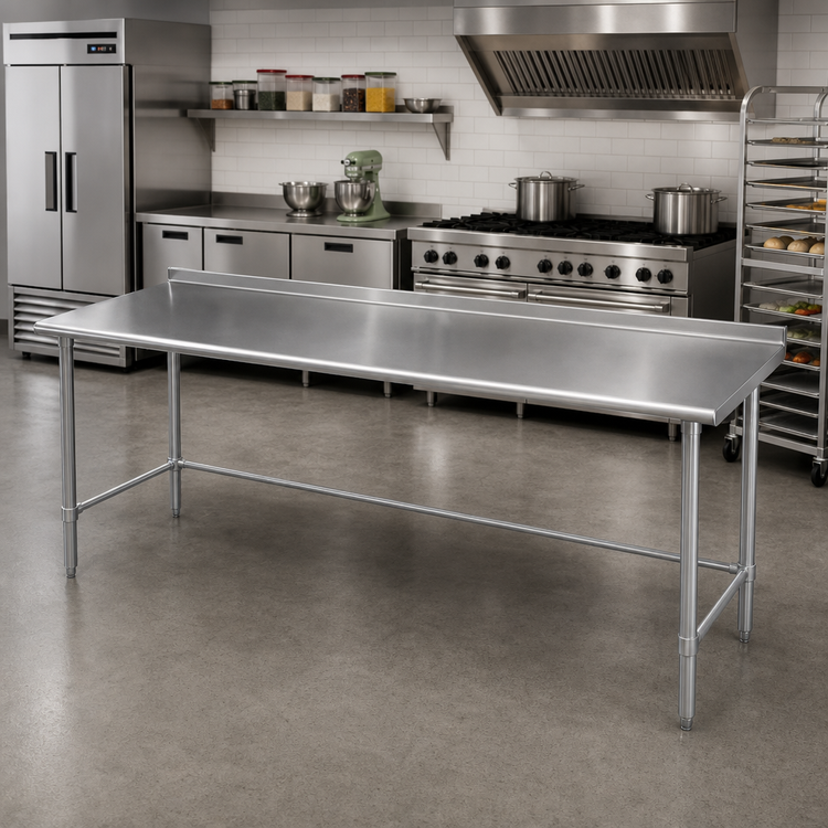 Product image #2 for Eagle Group Budget Series 144-Inch x 30-Inch 430 Stainless Steel Work Table with 1-1/2-Inch Rear Up-Turn and Galvanized Base