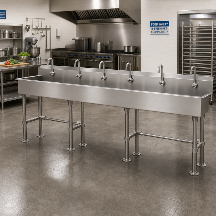 Product image #2 for Advance Tabco 120-Inch Six-Station Knee-Operated Floor-Mounted Hand Wash Sink with Gooseneck Spouts