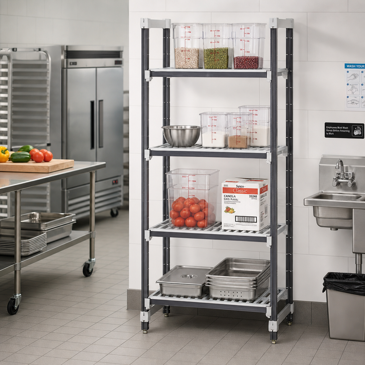 Product image #2 for Cambro Camshelving Elements XTRA 4-Tier Stationary Starter Polymer Shelving Unit, 18 x 36 x 84 Inches, Vented, Speckled Gray