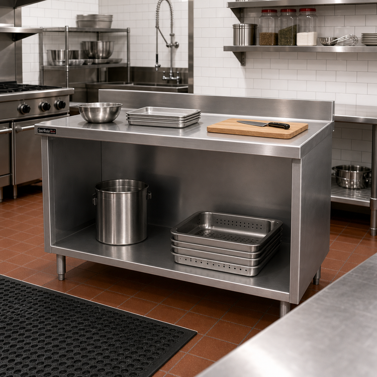 Product image #2 for Eagle Group Spec-Master Marine Series Stainless Steel Work Table with Cabinet Base and Open Front, 96 x 24 Inch, 4-1/2 Inch Backsplash