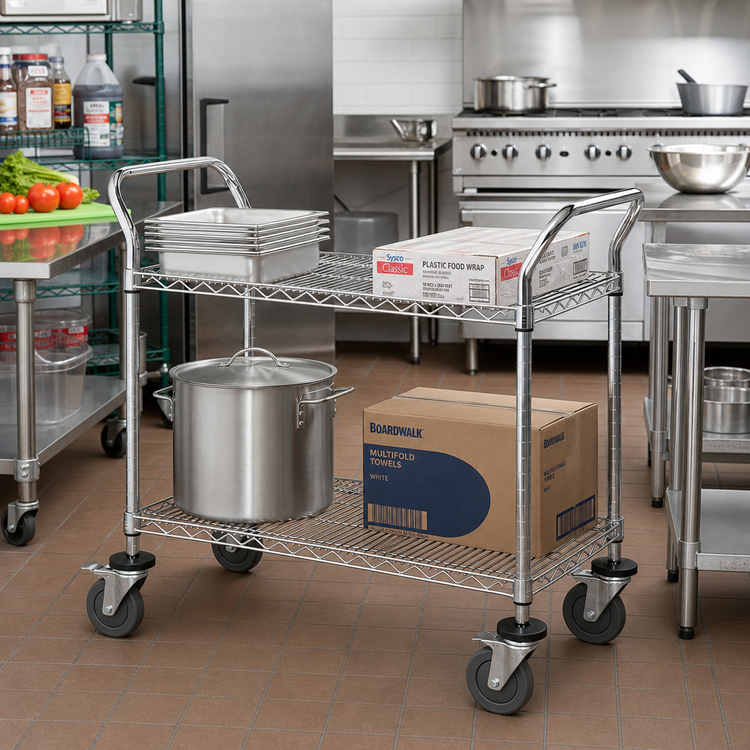 Product image #2 for Quantum Chrome-Plated Wire Utility Bus Cart, 60 x 18 x 37-1/2 Inches, 2 Shelves, 1200 lb Capacity