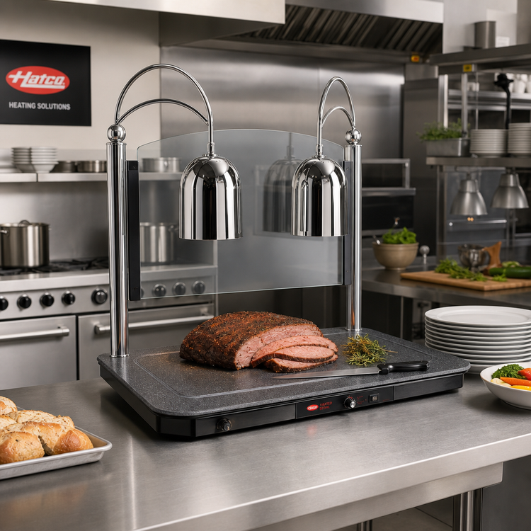 Product image #2 for Hatco Decorative Freestanding Carving Station with Heated Stone Base, 2 Heat Lamps, Sneeze Guard, and 36 x 24 Cutting Board