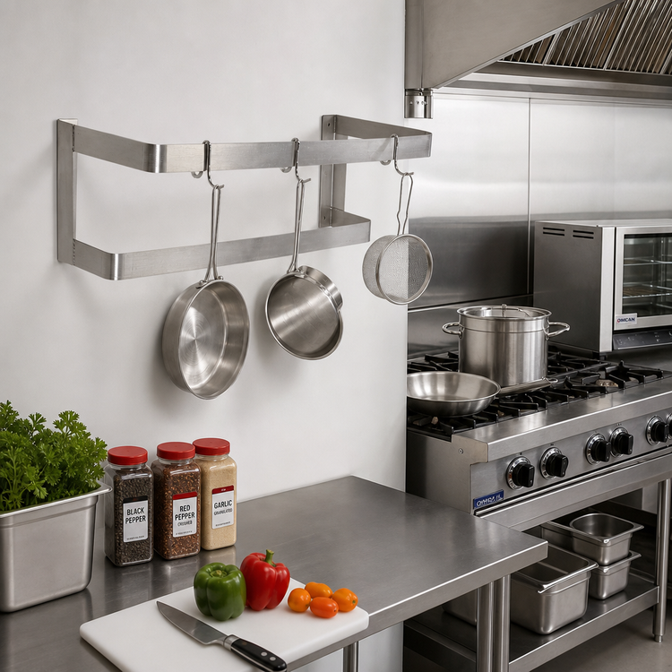 Product image #2 for Omcan USA Stainless Steel Wall-Mounted Pot Rack, 36 Inch, 2-Bar, with 3 Plated Hooks