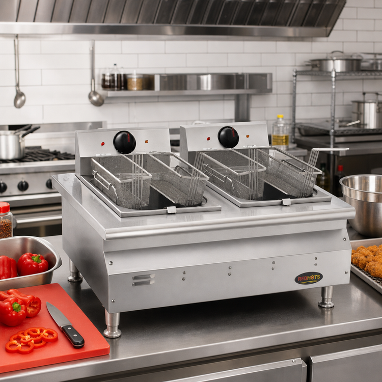 Product image #2 for RedHots Chef Line Countertop Electric Split Pot Fryer with Dual 15-lb Tanks
