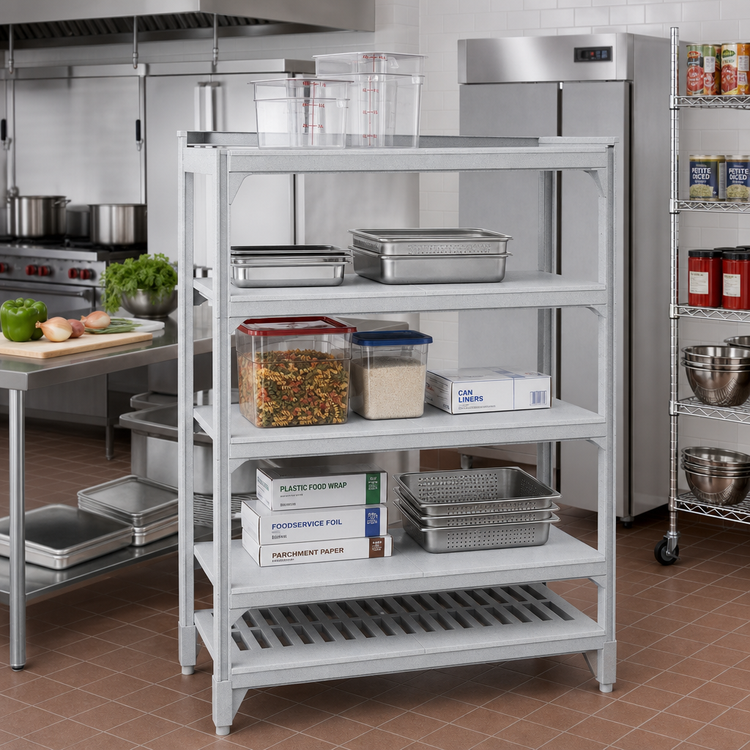 Product image #3 for Cambro Camshelving Premium 24" x 30" 5-Shelf Vented and Solid Polymer Shelf Kit, Speckled Gray