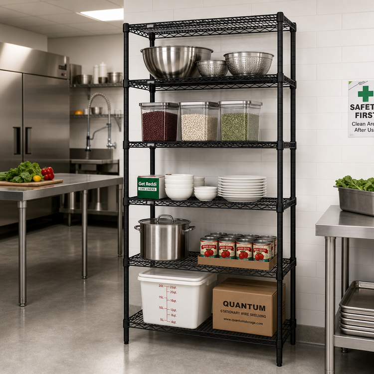 Product image #2 for Quantum Stationary Wire Shelving Starter Kit, 30"W x 21"D x 86"H, Black Epoxy Antimicrobial Finish, with 5 Shelves and 4 Posts