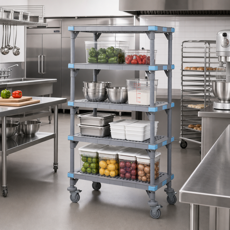 Product image #2 for Quantum Millenia Mobile Polymer Starter Shelving Unit with 4 Open Grid Shelves, 60 x 21 x 74 Inch, Gray