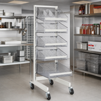 Thumbnail image #2 for Quantum WS70-SS18-4S3L11D Mobile Single-Sided Partition Wall Starter Unit with Bin Sections, 18 x 26 x 74 Inches, White/Chrome Finish
