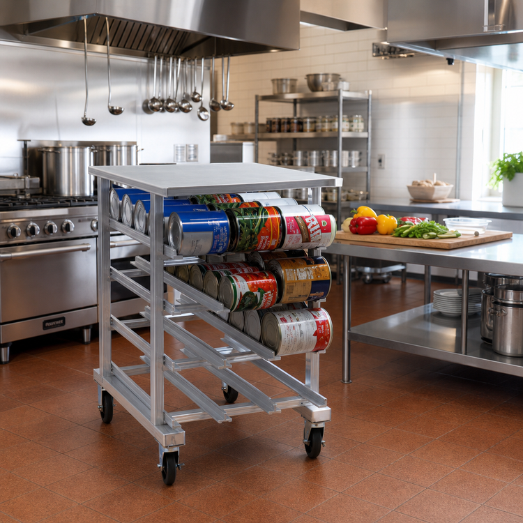 Product image #2 for Panco Half-Size Mobile Gravity-Fed Aluminum Can Rack for 72 #10 or 96 #5 Cans