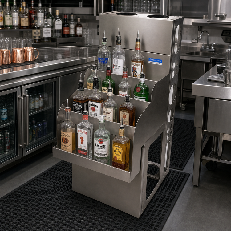 Product image #2 for BK Resources Stainless Steel Underbar Liquor Bottle Display Unit, 24 Inch Wide, 4-Step, Approx. 27-Bottle Capacity