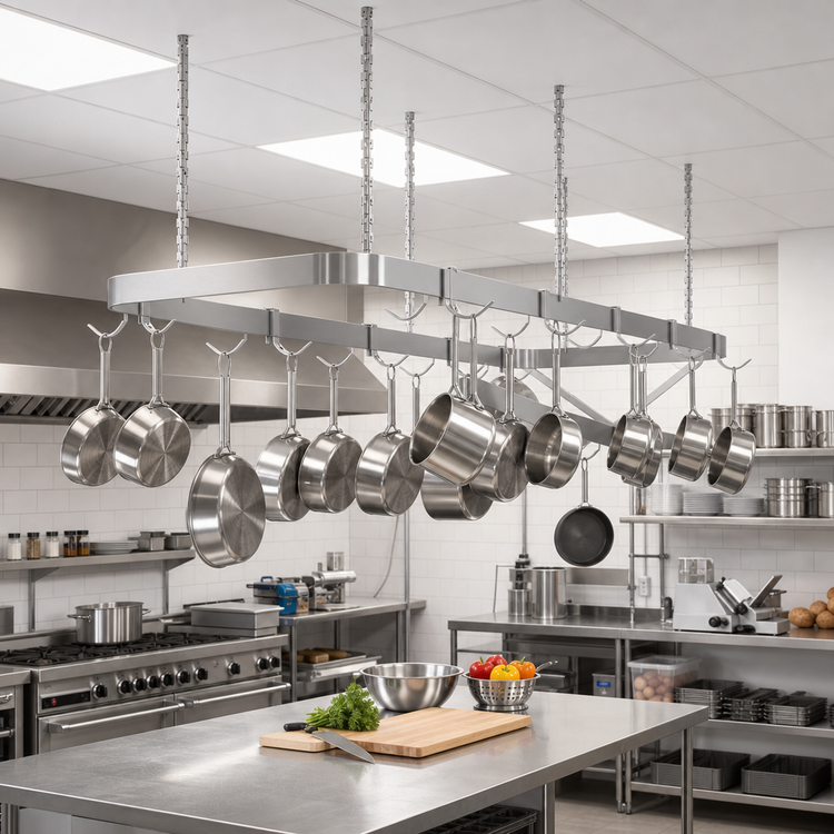 Product image #2 for Sapphire Manufacturing 84-Inch Ceiling-Mounted Triple-Bar Stainless Steel Pot Rack with 18 Double Hooks