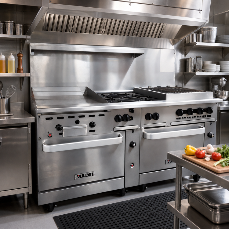 Product image #2 for Vulcan Endurance 72" Gas Restaurant Range with 24" Thermostatic Griddle, 4 Open Burners, 24" Charbroiler, and 2 Standard Ovens