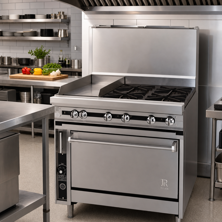 Product image #2 for Titan JTRH-12G-2HT-36 36-Inch Gas Heavy Duty Range with Standard Oven, Two Hot Tops, and 12-Inch Griddle