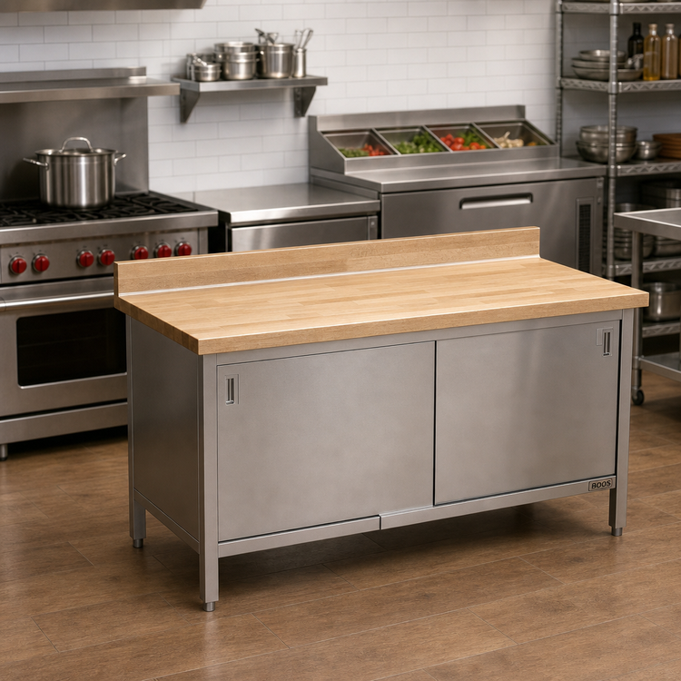 Product image #2 for John Boos 60" x 24" Wood Top Work Table with Stainless Steel Cabinet Base, Sliding Doors, and 4" Coved Riser
