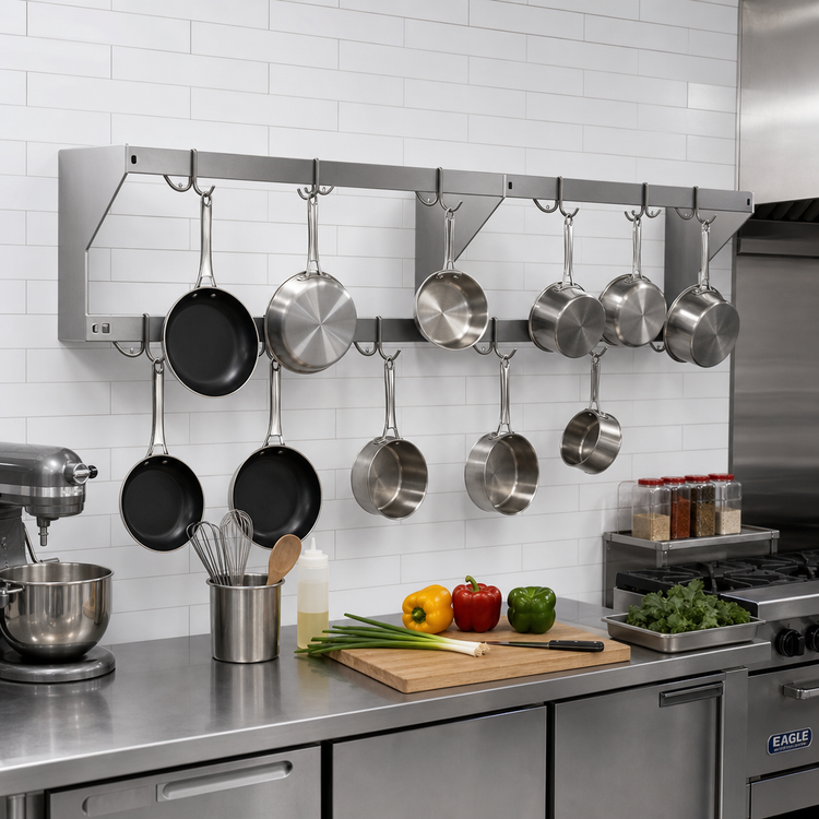Product image #2 for Eagle Group Wall-Mounted Stainless Steel Double-Bar Pot Rack with 10 Double-Pronged Hooks, 60 x 12 x 16 Inches