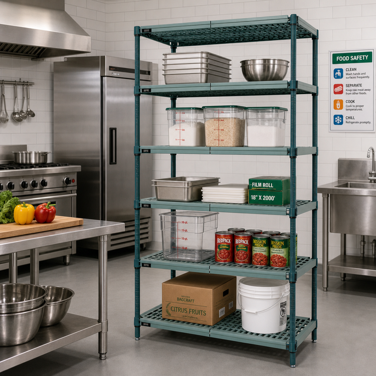 Product image #2 for Quantum Stationary Wire Plastic Mat Shelving Unit, 5-Tier, 48 x 24 x 86 Inches, Green Epoxy Antimicrobial