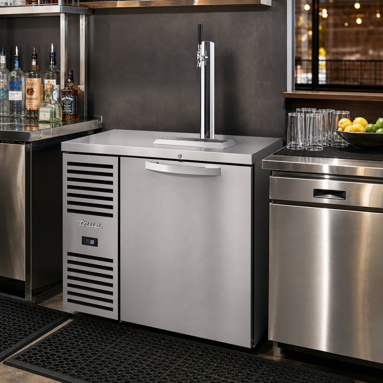 Product image #2 for True 36-Inch One-Section Refrigerated Draft Bar Cooler with Stainless Steel Countertop, Locking Door, and Single-Faucet Beer Column