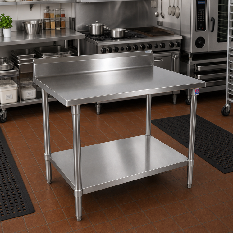 Product image #2 for John Boos Stallion 30 x 24 Inch 14-Gauge Stainless Steel Work Table with 5-Inch Backsplash, Safety Edge Front, and Galvanized Undershelf