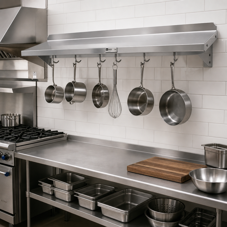 Product image #2 for John Boos Stallion Wall-Mount Stainless Steel Pot Rack Shelf with 6 Hooks, 72 x 18 Inches