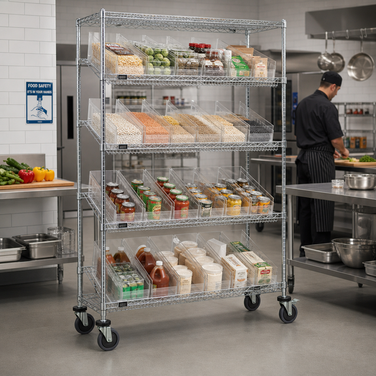 Product image #2 for Quantum Slanted Shelf Cart with Clear Bins and Casters, Chrome Plated Finish, 36 x 18 x 80 Inches