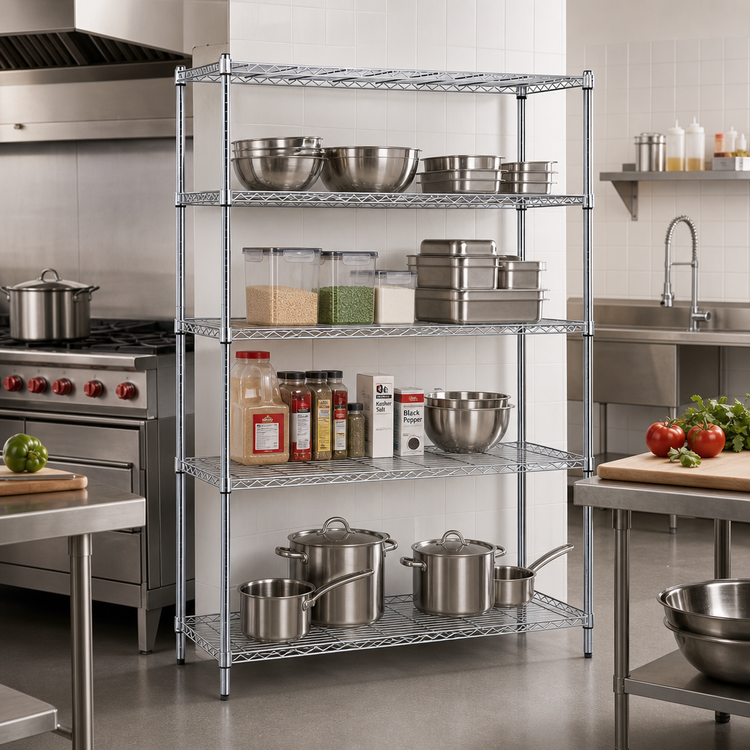 Product image #2 for Quantum 4-Tier Stationary Wire Shelving Unit Pack, 36W x 24D x 72H, Chrome Plated