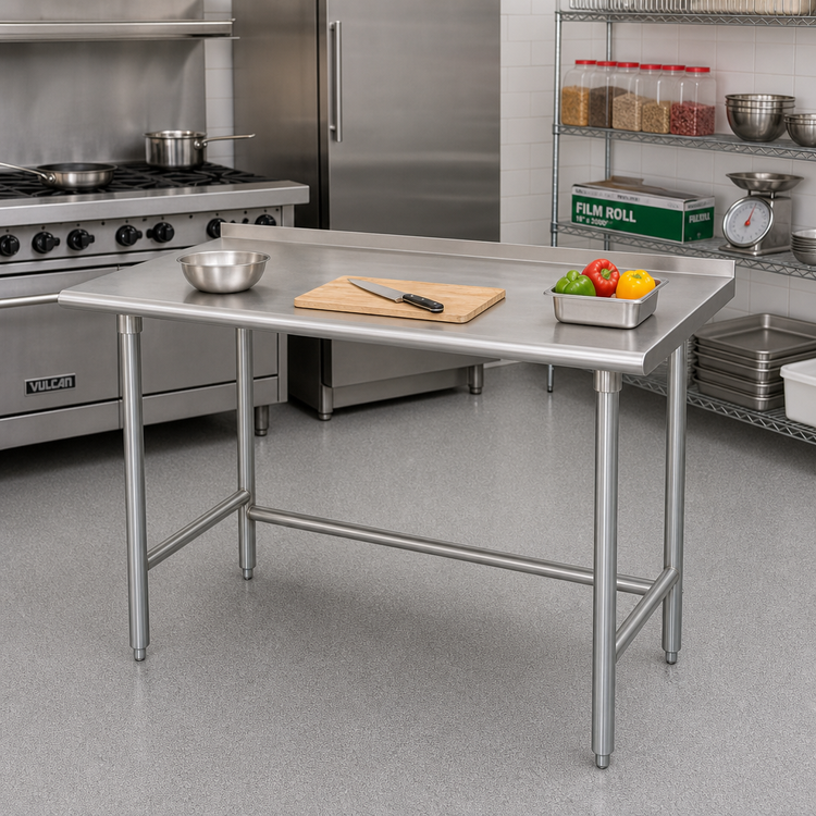 Product image #2 for Advance Tabco Special Value Series 60" x 30" Open Base Work Table with 1-1/2" Rear Backsplash, 16-Gauge 430 Stainless Steel Top