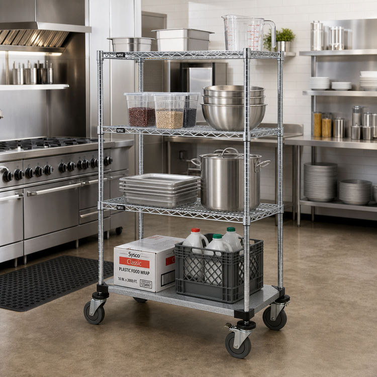 Product image #2 for Quantum 48" x 18" x 69" Mobile Wire Shelving Cart with 4 Shelves, Chrome Plated Finish