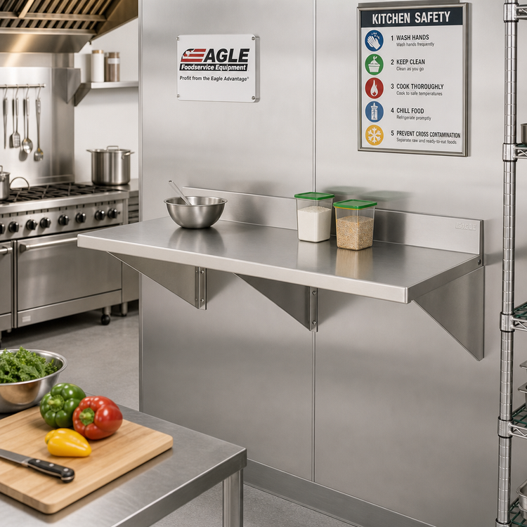 Product image #2 for Eagle Group 48-Inch x 30-Inch Wall-Mount 14-Gauge 304 Stainless Steel Work Table with 4.5-Inch Backsplash