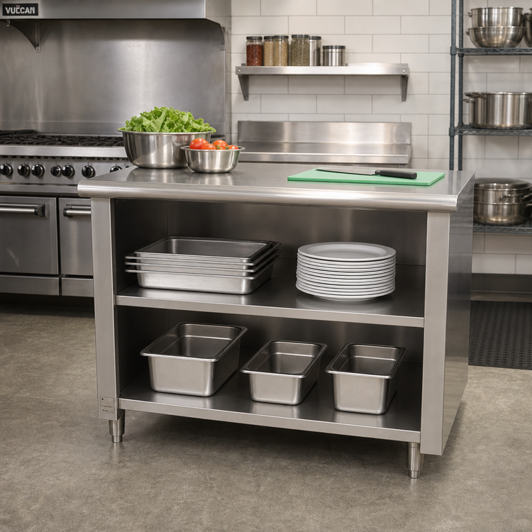 Product image #2 for Advance Tabco Special Value 72-Inch x 30-Inch Flat Top Open Front Cabinet Base Stainless Steel Work Table with Mid-Shelf