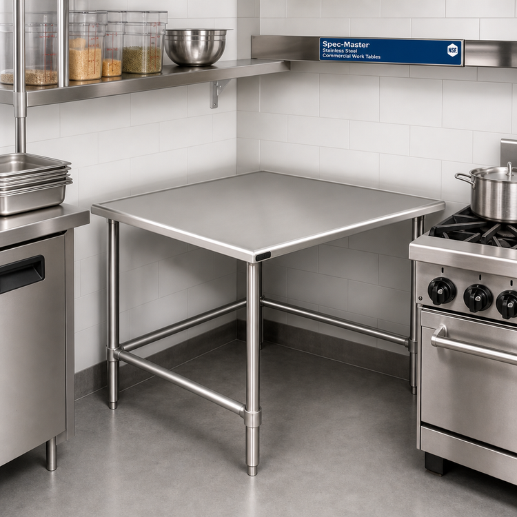 Product image #2 for Spec-Master 30" x 30" 14-Gauge 300 Series Stainless Steel Corner Work Table with Open Base