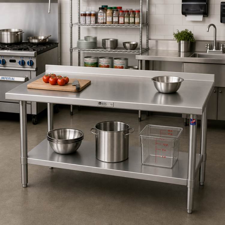 Product image #2 for John Boos Stallion 60 x 36 Inch 16-Gauge 300 Series Stainless Steel Work Table with 1-1/2 Inch Rear Up-Turn