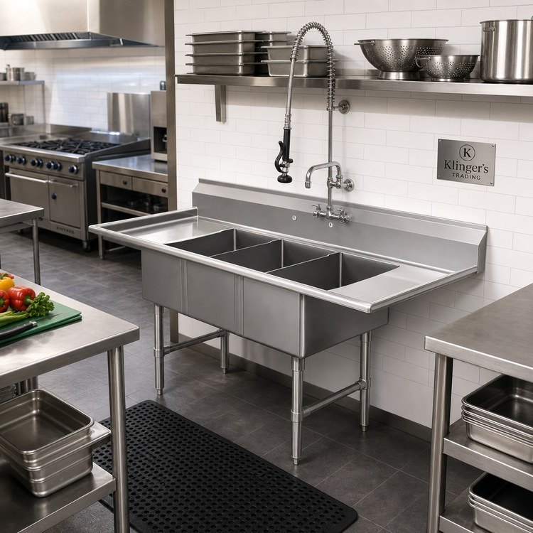 Product image #2 for Klinger's Trading Economy 3-Compartment Floor Model Stainless Steel Sink with Double Drainboards, 60 Inch