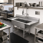 Thumbnail image #2 for Klinger's Trading ECS3SM2D 3-Compartment Stainless Steel Floor Sink, 60-Inch, Double Drainboards, 9-Inch Backsplash