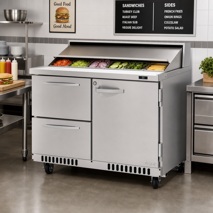 Product image #3 for Turbo Air PRO Series 48 1/4-Inch Front Breathing 2-Section Sandwich/Salad Prep Table with 1 Door, 2 Drawers, and 12-Pan Top