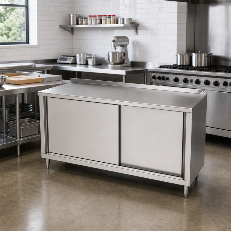 Product image #2 for John Boos Stainless Steel Cabinet Base Work Table with Sliding Doors, 72 x 24 Inches, 1-1/2 Inch Rear Riser