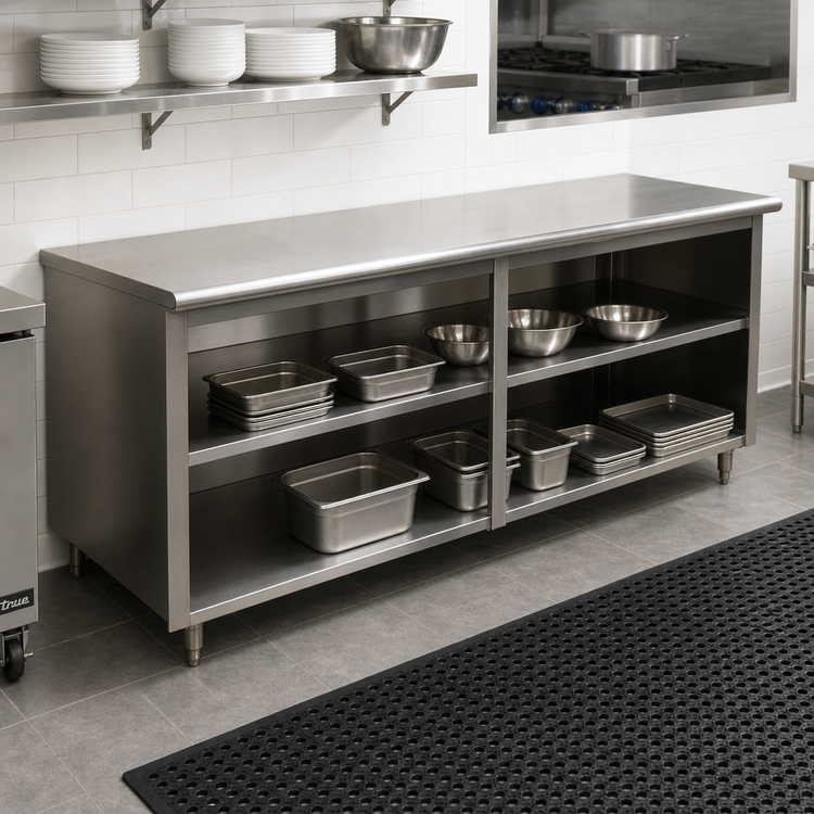 Product image #2 for Advance Tabco Special Value Economy Open Front Cabinet Base Work Table with Mid-Shelf, 120 Inch W x 30 Inch D, Flat Top, 16 Gauge 304 Stainless Steel Top