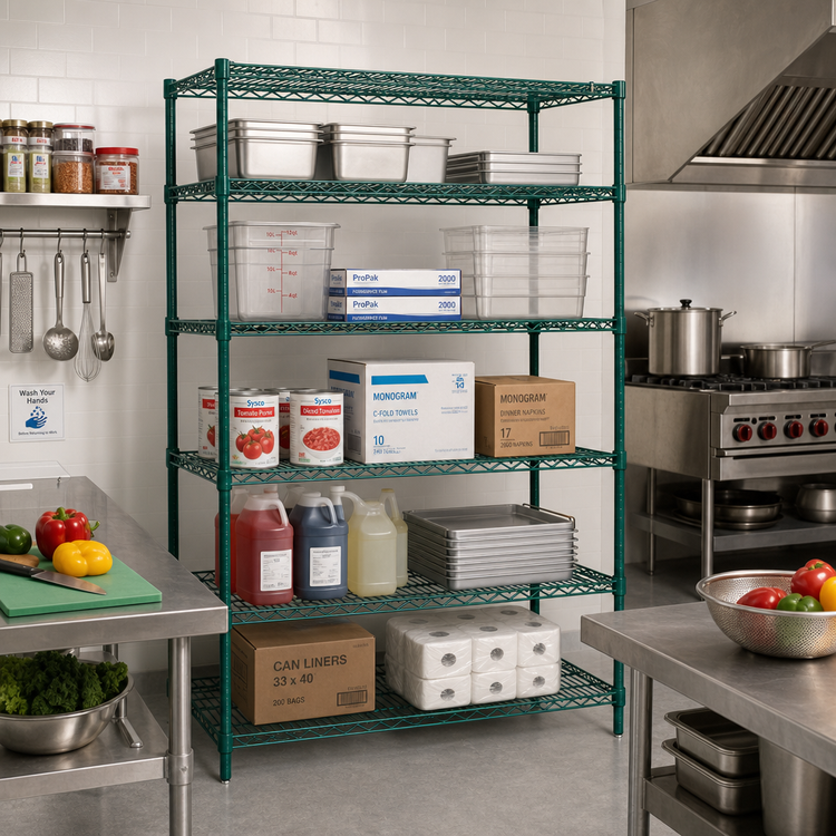Product image #2 for Quantum 60" x 14" x 86" Wire Shelving Starter Kit with 5 Shelves, Green Epoxy Antimicrobial Finish