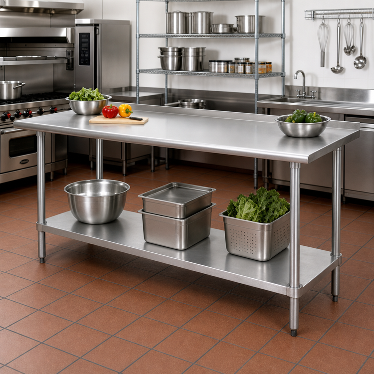 Product image #2 for Advance Tabco 120-Inch x 30-Inch 14-Gauge 304 Stainless Steel Work Table with 1-1/2-Inch Rear Up-Turn and Adjustable Undershelf