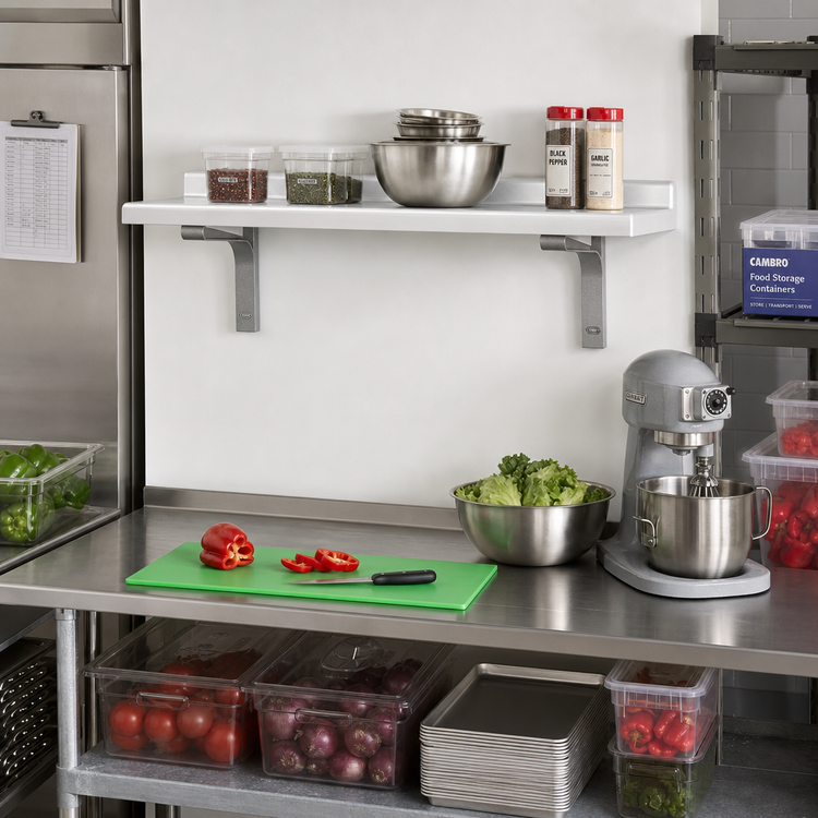 Product image #3 for Cambro Camshelving 48-Inch x 18-Inch Wall-Mounted Solid Shelf with 2-Inch Molded Backsplash