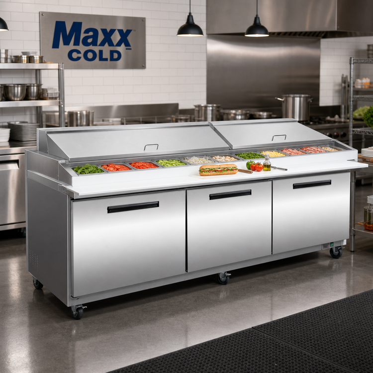 Product image #2 for Maxx Cold X-Series 72-Inch Megatop Sandwich & Salad Prep Table with 3 Doors and 30-Pan Top
