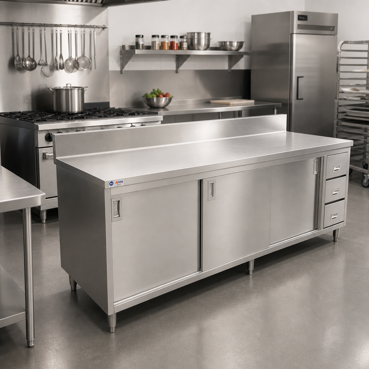 Product image #2 for 72-Inch Stainless Steel Cabinet Base Work Table with Sliding Doors and 3 Drawers, 30-Inch Deep, 6-Inch Backsplash